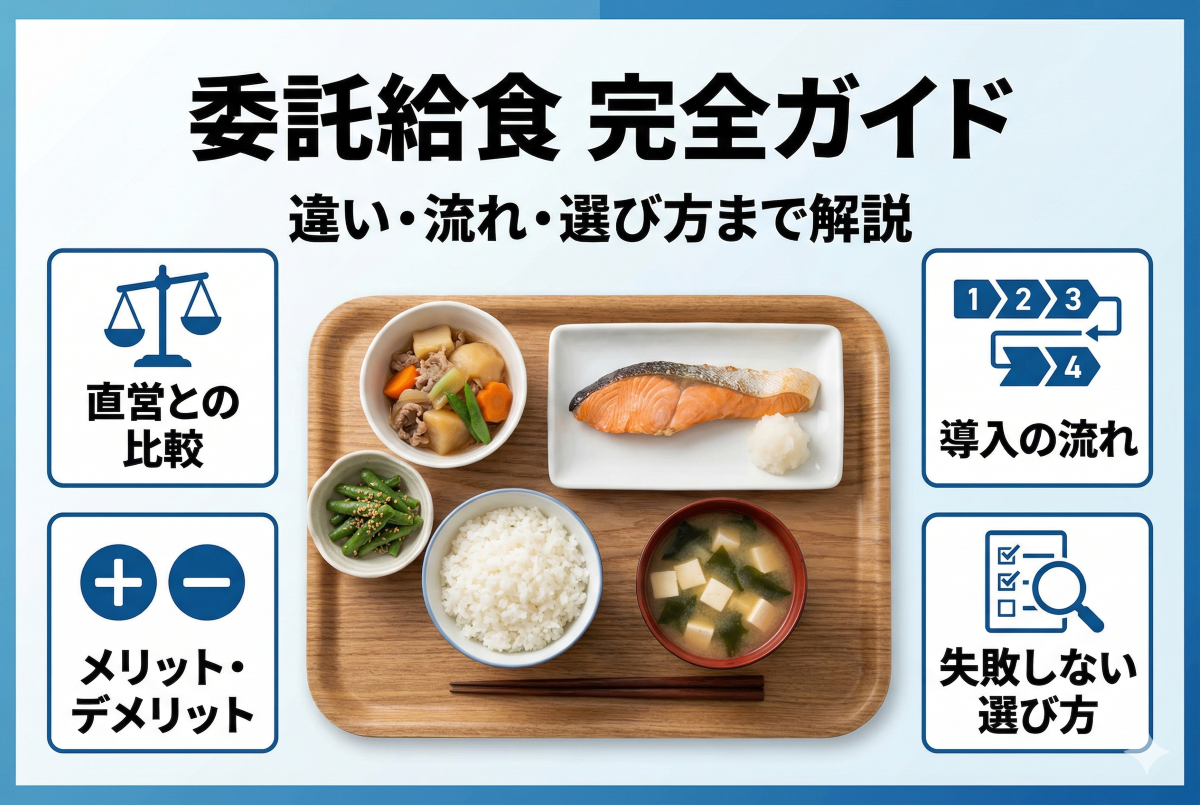 委託給食の完全ガイドをテーマにしたサムネイル画像。中央に給食トレーがあり、ご飯、味噌汁、焼き魚(大根おろし添え)、煮物、いんげんの和え物の一汁三菜が配置されている。周囲には「直営との比較」「導入の流れ」「メリット・デメリット」「失敗しない選び方」といった内容を示すアイコンとテキストがレイアウトされている。