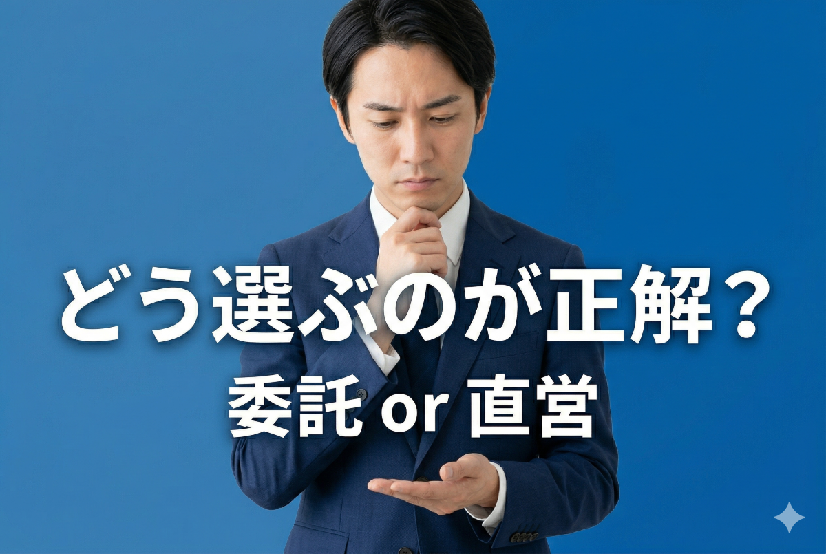 病院給食の運営方法について、委託と直営のどちらを選ぶべきか悩む担当者を表現した比較サムネイル