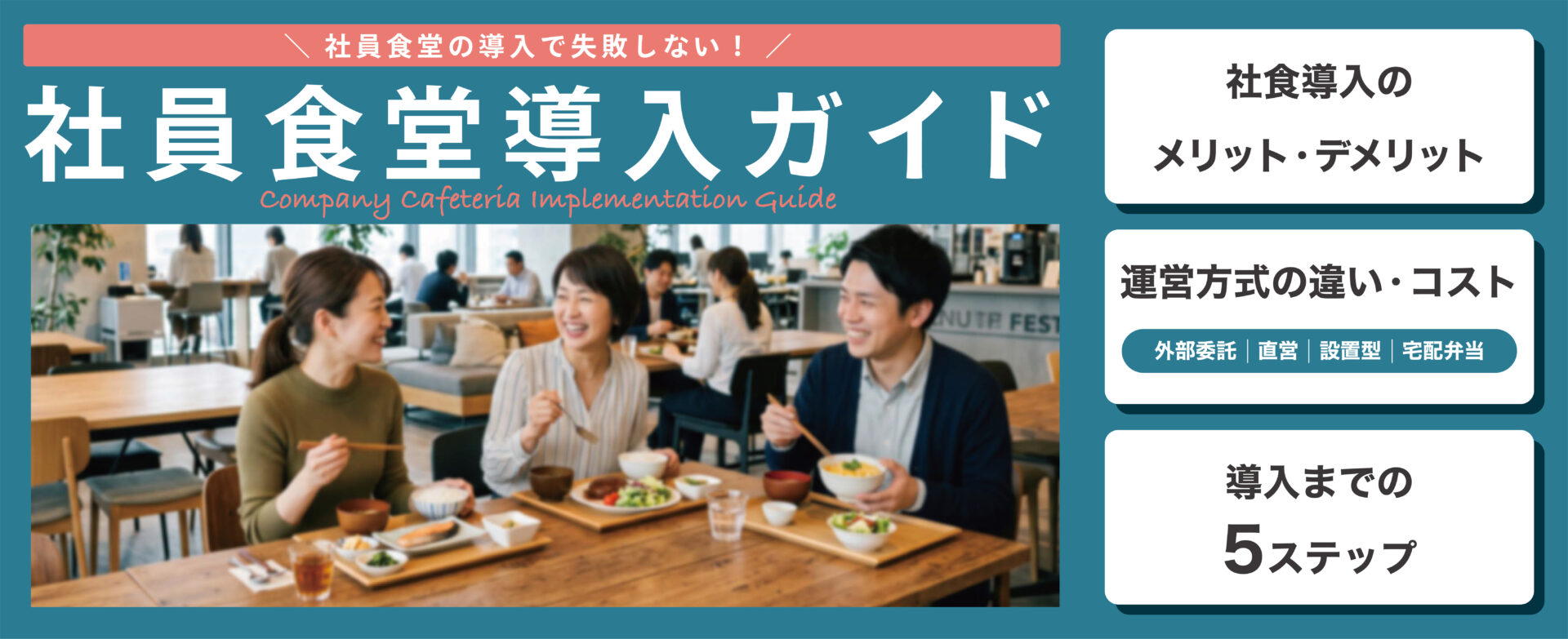 「社員食堂導入ガイド」をテーマにしたサムネイル画像。タイトル上には、「社員食堂の導入で失敗しない!」というサブタイトルのテキストを配置。背景画像では、社員食堂で談笑する男女。右側には「社食導入のメリット・デメリット」「運営方式の違い・コスト」「導入までの5ステップ」と、本記事のポイントを記載したテキストがレイアウトされている。